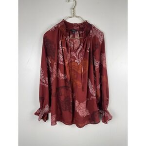Cocomo Woman Plus Size 2X Red Paisley Boho Peasant Top Smocked Neck Long Sleeve